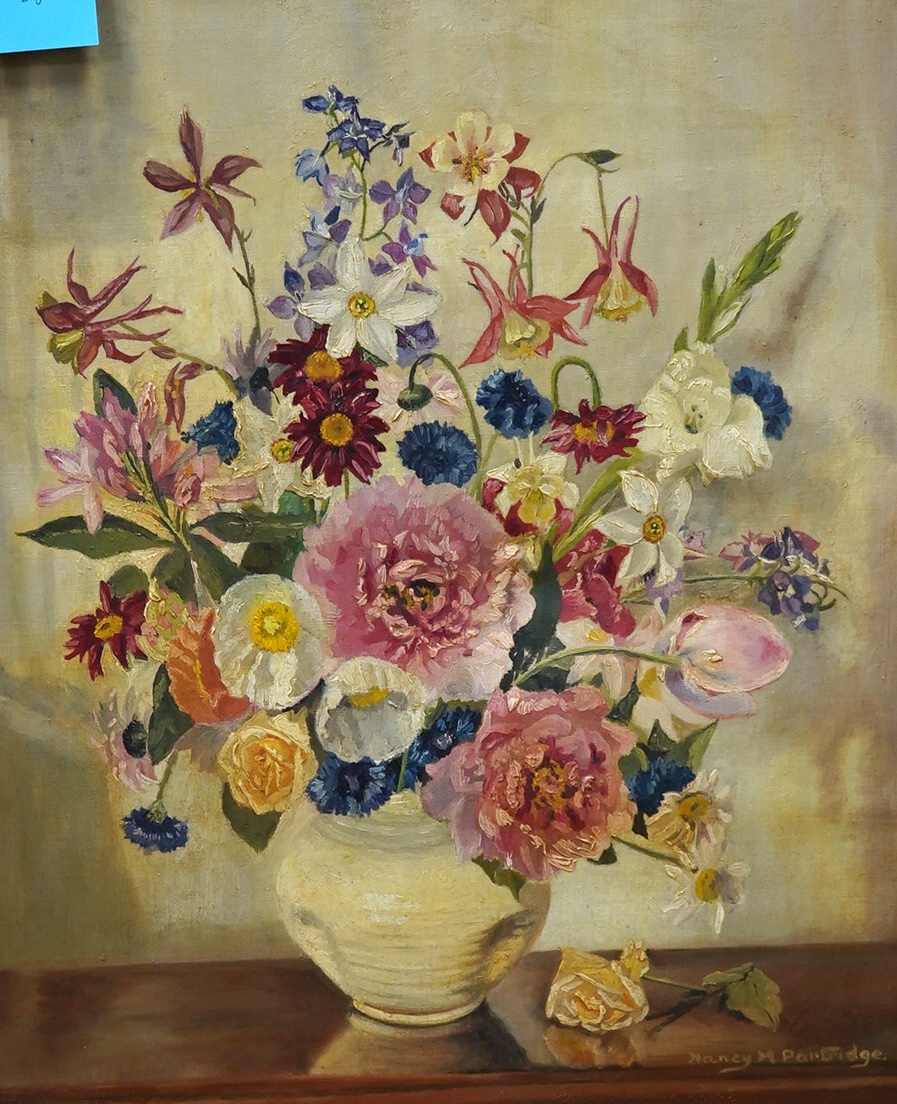 Nancy M Partridge, oil on canvas, Still life of flowers in a vase, signed, 59 x 49cm. Condition - fair